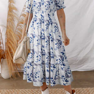 Sky Blue Smocked Bodice Short Puff Sleeve Tiered Floral Midi Dress