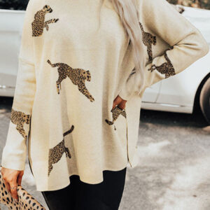 Parchment Lively Cheetah Print High Neck Split Hem Sweater