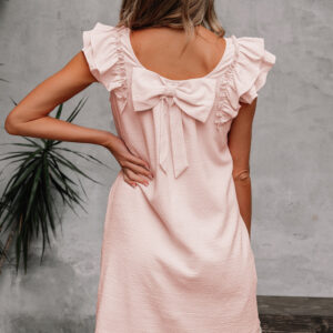 Light Pink Textured Flutter Sleeve Square Neck Bow Back Mini Dress