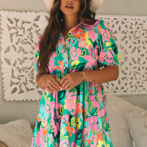 Green Floral Puff Sleeve Collar Buttoned Babydoll Dress