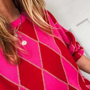 Rose Red Glitter Rhombus Pattern Knit Womens Casual Sweater