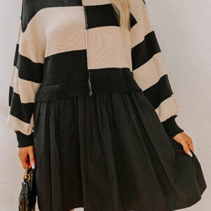 Black Stripe Two in One Knitted Top High Waist Splicing Hem Sweater Dress