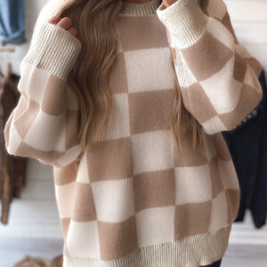 Parchment Checkered Pattern Ribbed Trim Knit Baggy Sweater
