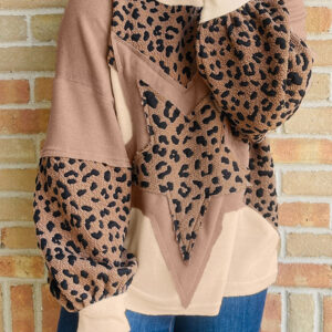 Light French Beige Leopard Star Color Block Patchwork Textured Baggy Sweatshirt