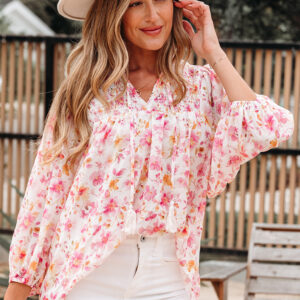 Pink Floral Print Tassel Tie Smocked V Neck Puff Sleeve Tunic Blouse
