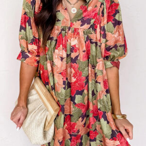 Green Floral Print Frilled Collar V Neck Half Sleeve Mini Dress