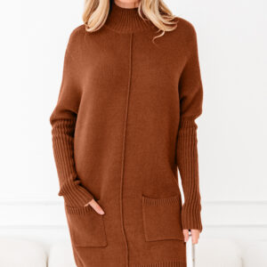 Chestnut Ribbed High Neck Front Pockets Center Seam Shift Sweater Dress