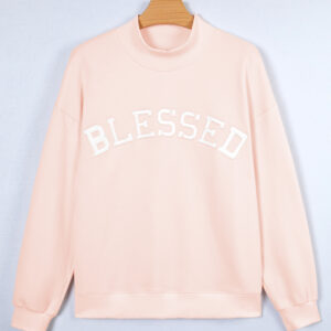 Light Pink Oversize Blessed Embroidered Mock Neck Sweatshirt