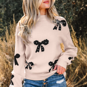 Smoke Gray Pearl Embellished Bow Pattern Loose Sweater