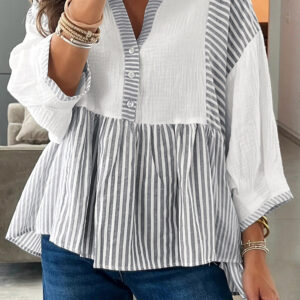 Gray Stripe Half Button Gauze Patchwork Bracelet Sleeve Babydoll Blouse