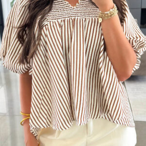 Brown Stripe Shirred V Neck Short Puff Sleeve Blouse