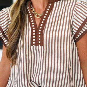 Khaki Stripe Double Ruffled Short Sleeve V Neck Blouse