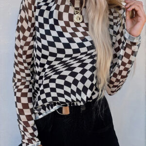 Black Checkered Pattern Mesh Mock Neck Long Sleeve Top