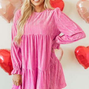 Strawberry Pink Flounce Sleeve Tiered Ruffled Velvet Mini Dress