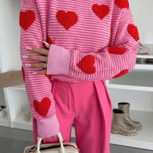 Rose Stripe Contrast Heart Pattern Valentine Knit Sweater