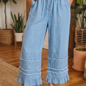 Beau Blue Ruffled Hem Wide Leg Chambray Pants