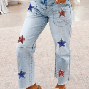 Beau Blue Patriotic Sequin Stars Patch Pocket Shift Jeans