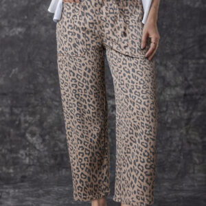 Khaki Leopard Printed Drawstring Elastic Waistband Pocketed Barrel Jeans